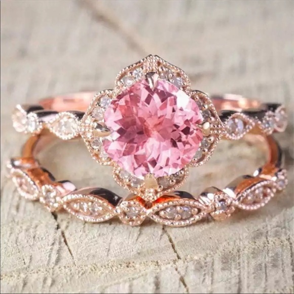 Rings Set Pink Crystal Rings Women Lover Wedding - Picture 2 of 4
